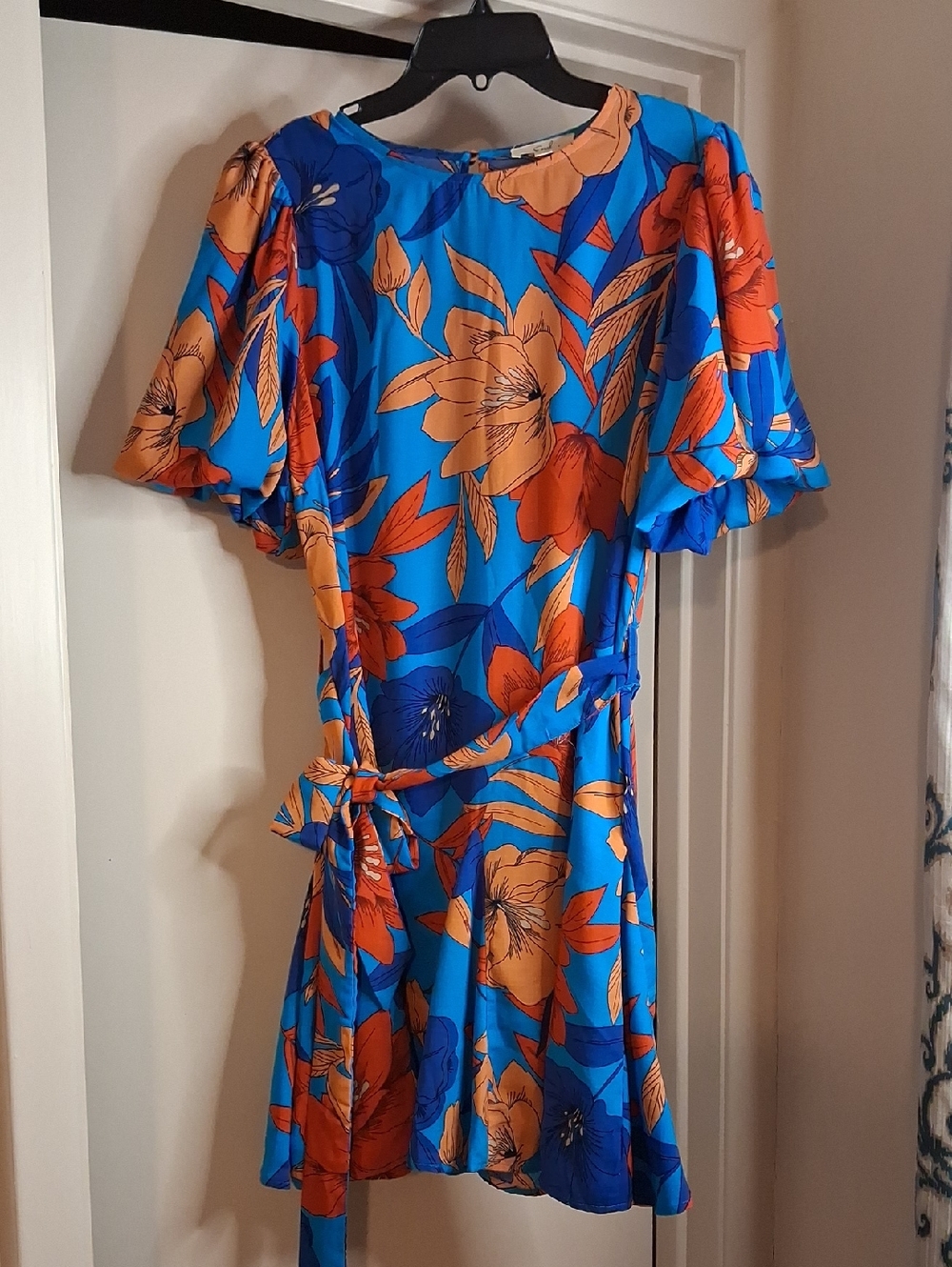 easel Blue Floral Mini Dress with Orange Accents